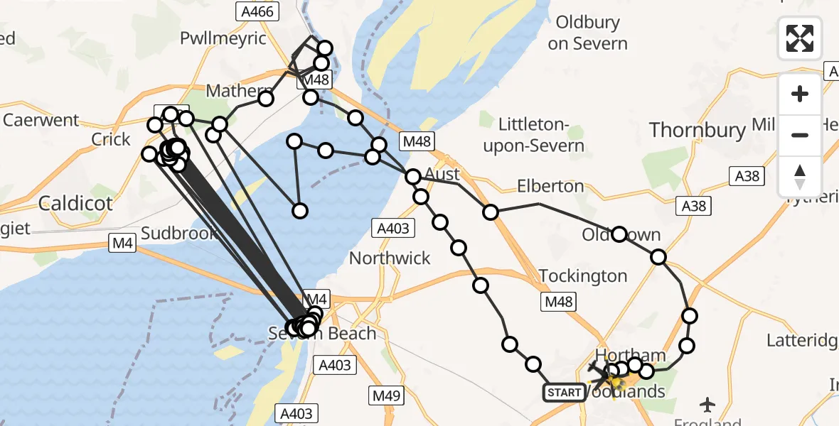Flight route map: Police Helicopter to Almondsbury Helicopter Base, Almondsbury Helicopter Base