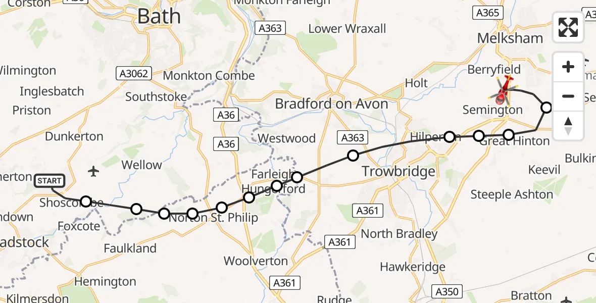 Routekaart van de vlucht: Air Ambulance Helicopter to Melksham, Commerce Way