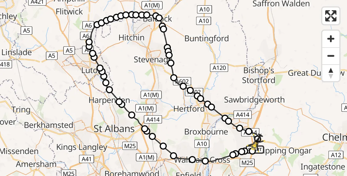 Flight route map: Police Helicopter to North Weald Airfield, North Weald Airfield