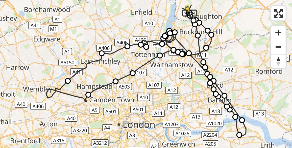 Flight route map: Police Helicopter to Sewardstonebury, Bury Road