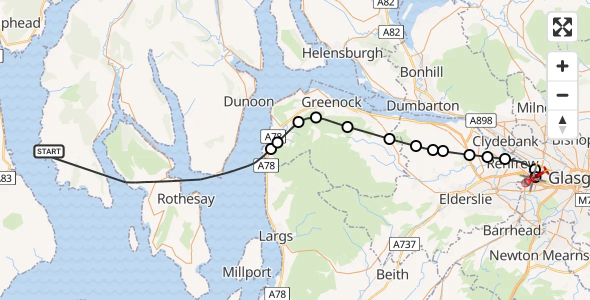 Flight route map: Air Ambulance Helicopter to Queen Elizabeth Hospital, Queen Elizabeth Hospital