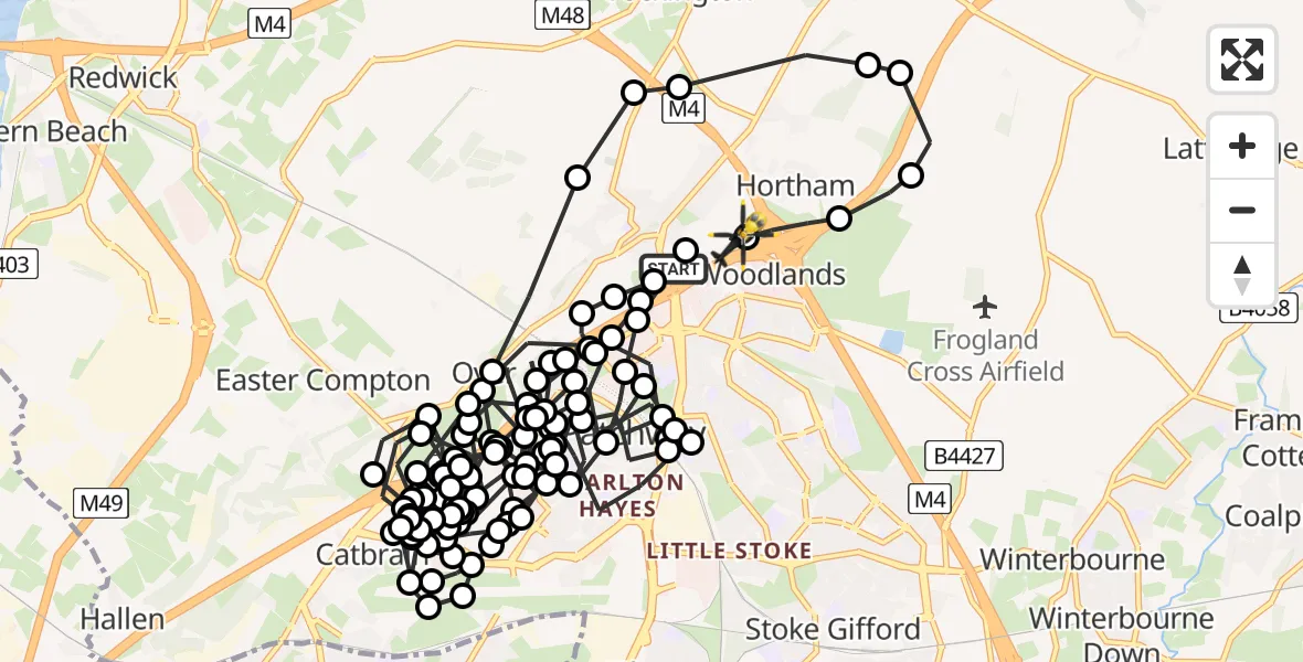 Flight route map: Police Helicopter to Almondsbury Helicopter Base, Almondsbury Helicopter Base