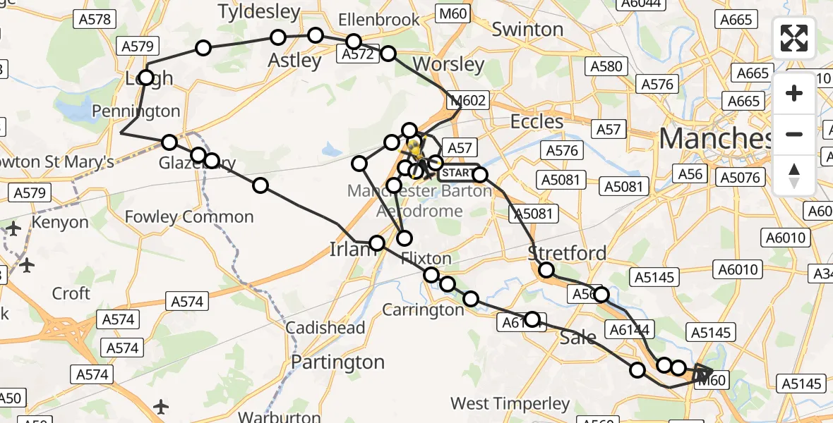 Flight route map: Police Helicopter to Manchester Barton Aerodrome, Manchester Barton Aerodrome