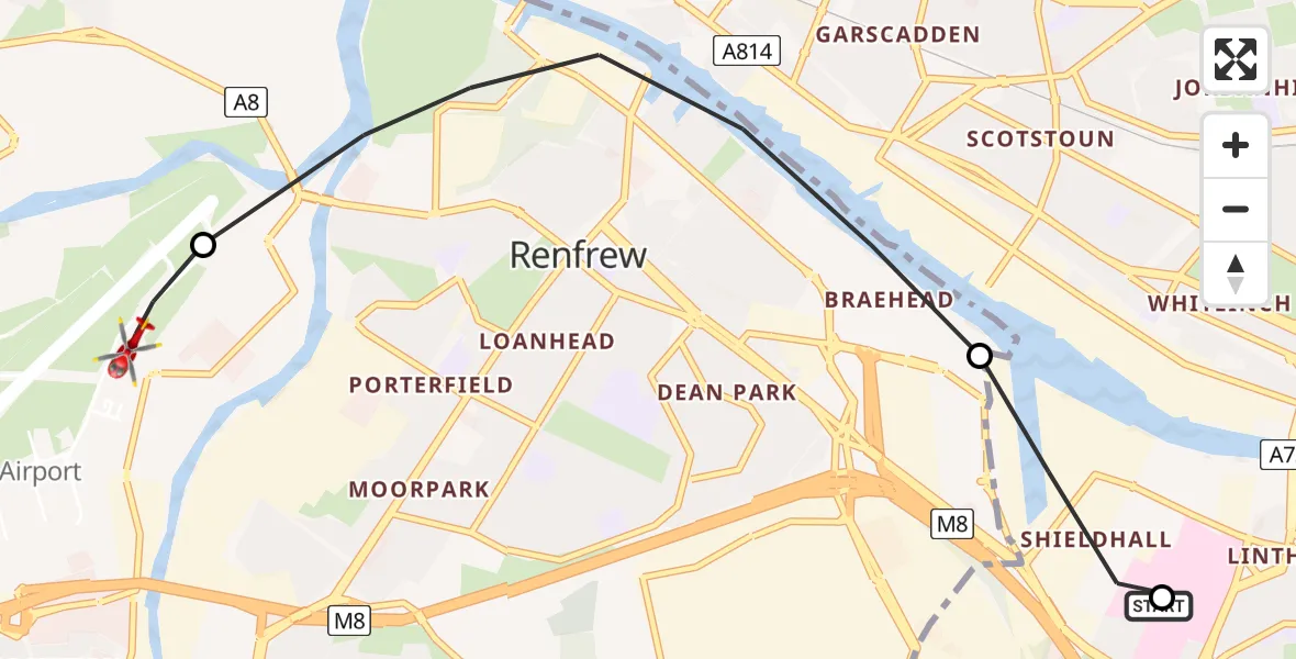 Flight route map: Air Ambulance Helicopter to Glasgow Airport, Glasgow Airport