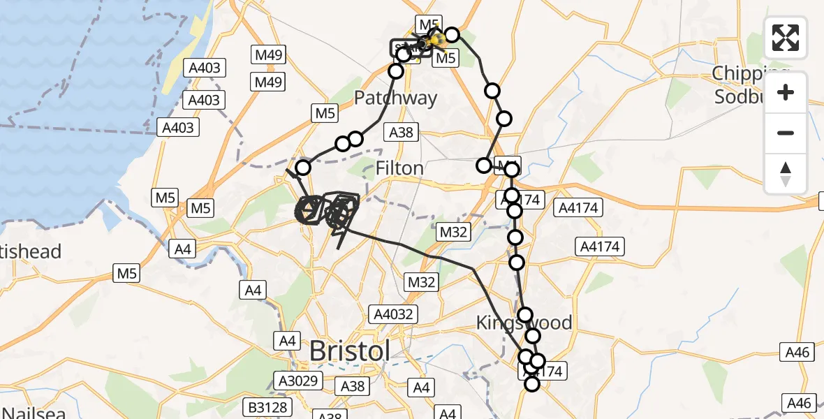 Flight route map: Police Helicopter to Almondsbury Helicopter Base, Almondsbury Helicopter Base