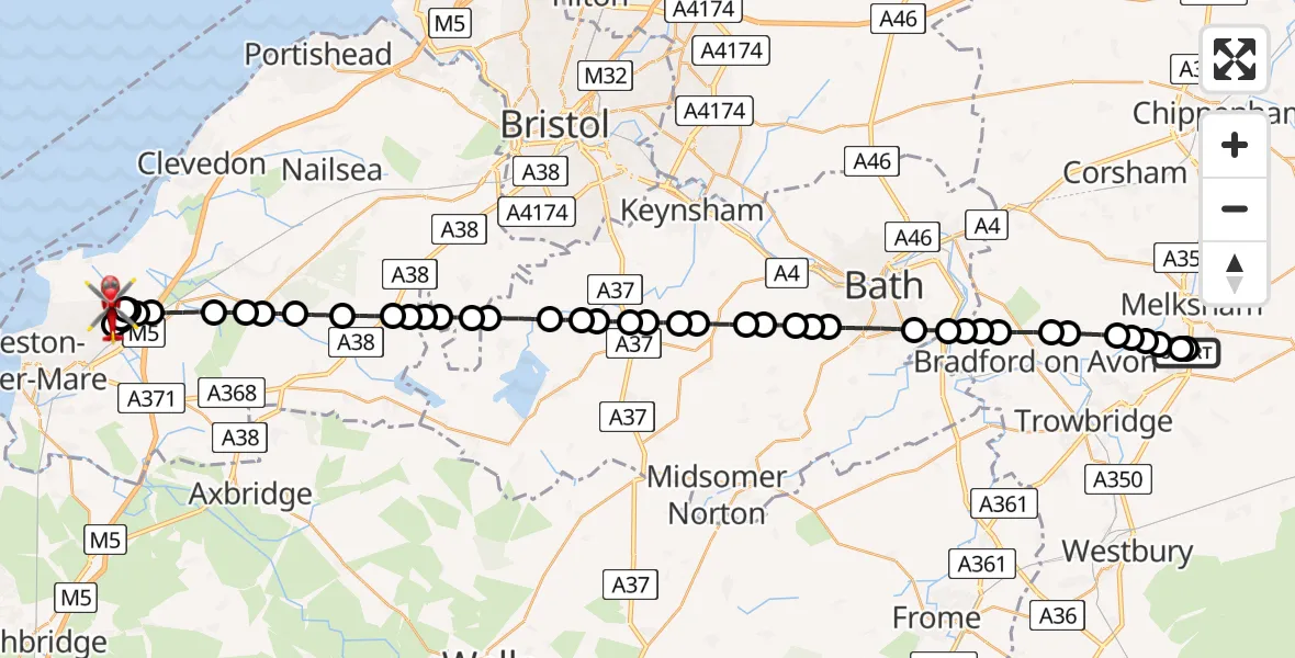 Flight route map: Air Ambulance Helicopter to Worle, Westmarch Way