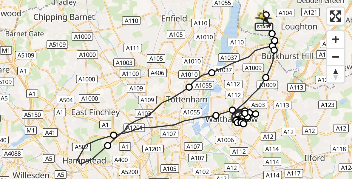 Routekaart van de vlucht: Police Helicopter to Sewardstonebury, Bury Road