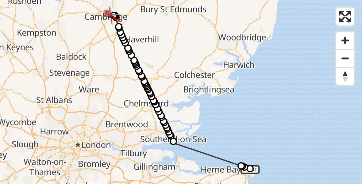 Routekaart van de vlucht: Air Ambulance Helicopter to Cambridge City Airport, Cambridge City Airport
