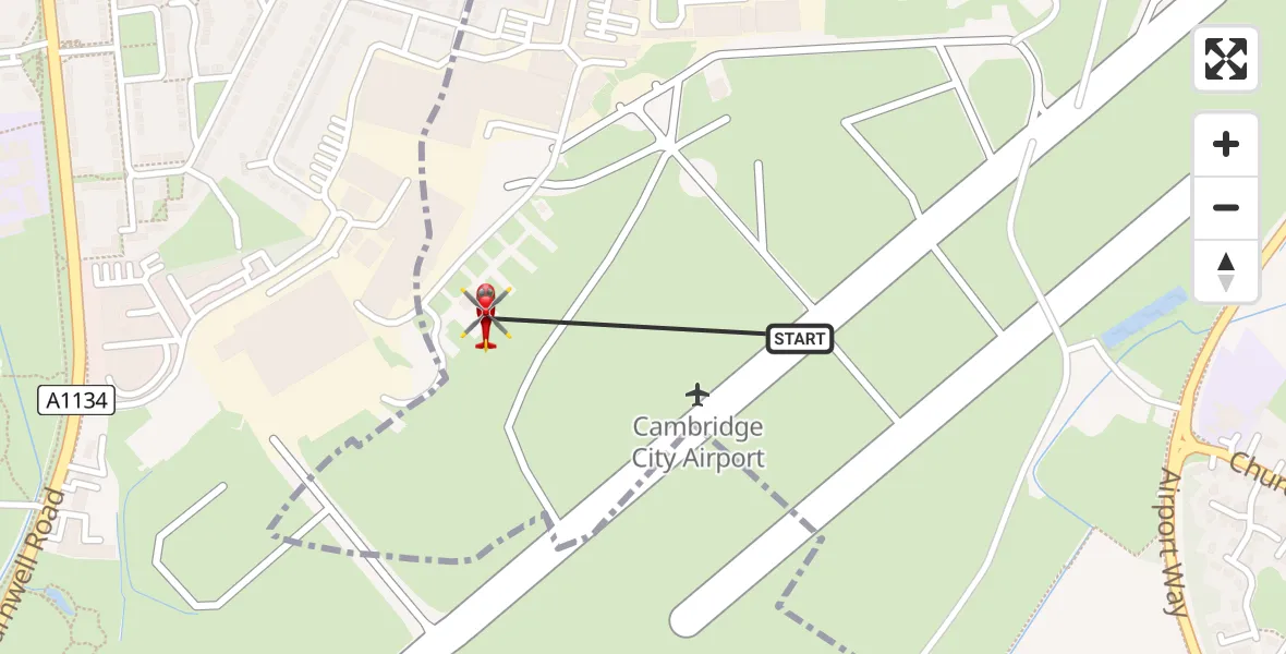 Flight route map: Air Ambulance Helicopter to Cambridge City Airport, Cambridge City Airport