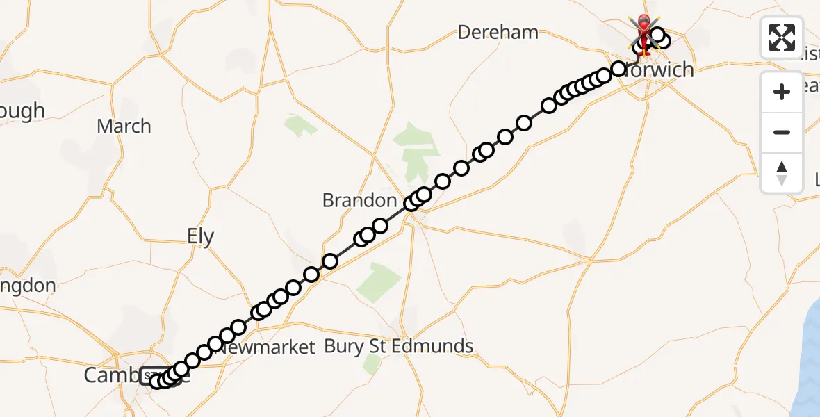 Routekaart van de vlucht: Air Ambulance Helicopter to Norwich Airport, Norwich Airport