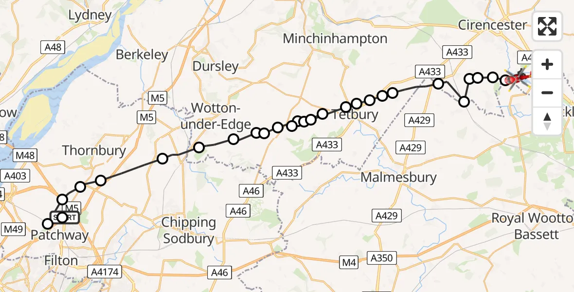 Flight route map: Air Ambulance Helicopter to South Cerney, Nightingale Way