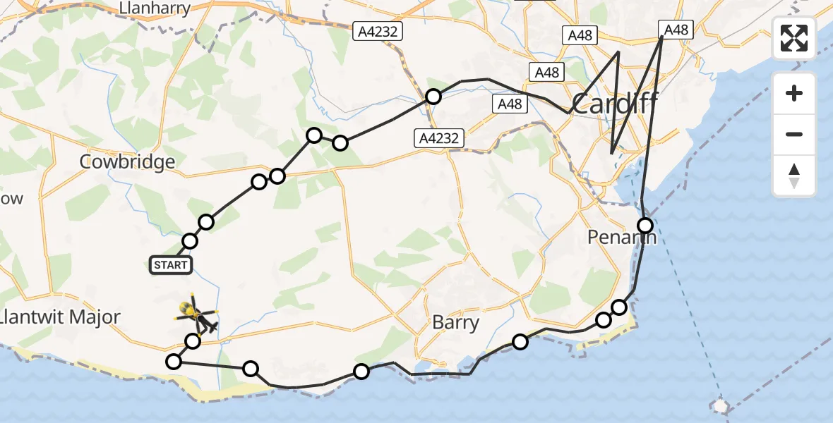 Flight route map: Police Helicopter to St Athan, Castleton Road