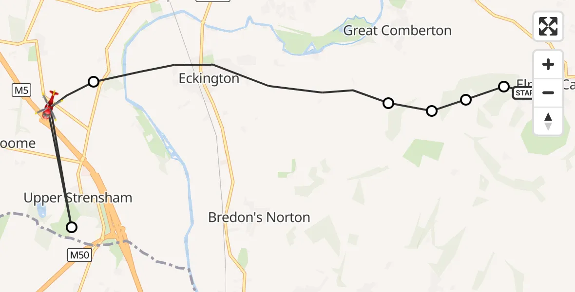 Routekaart van de vlucht: Air Ambulance Helicopter to Upper Strensham, Baughton Lane