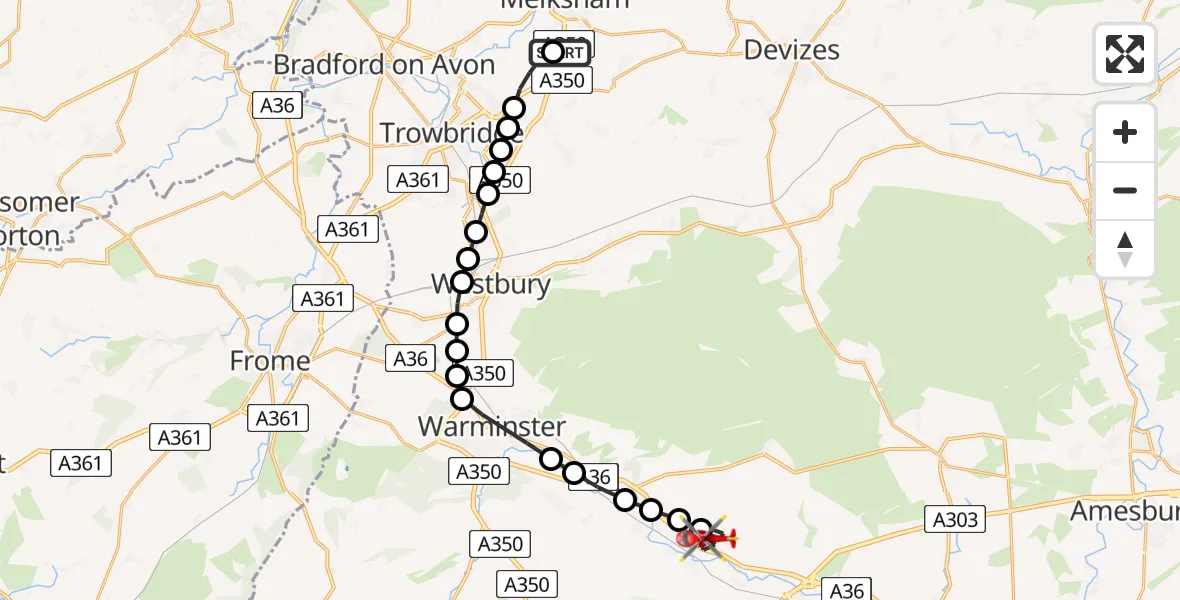 Flight route map: Air Ambulance Helicopter to Codford, New Road