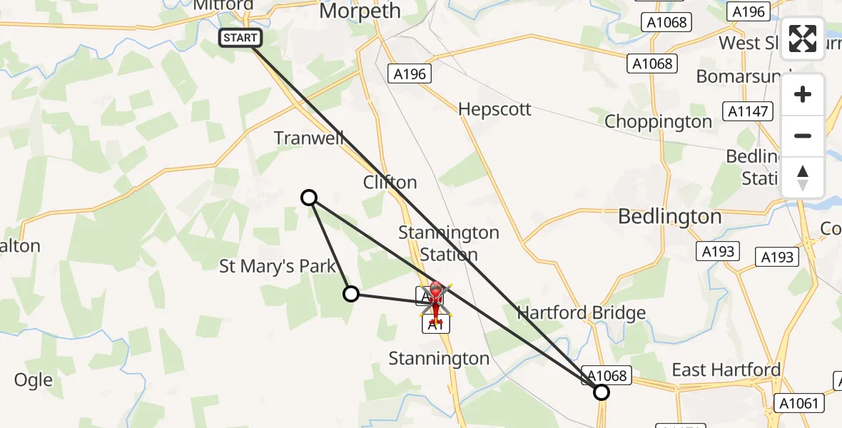 Routekaart van de vlucht: Air Ambulance Helicopter to Stannington Station, Stannington Station