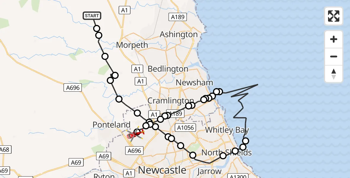 Routekaart van de vlucht: Air Ambulance Helicopter to Newcastle upon Tyne, Newcastle upon Tyne
