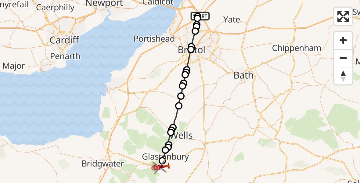 Flight route map: Air Ambulance Helicopter to Street, Somerton Road