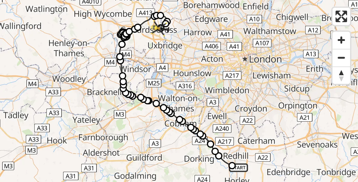 Flight route map: Police Helicopter to Denham, North Orbital Road