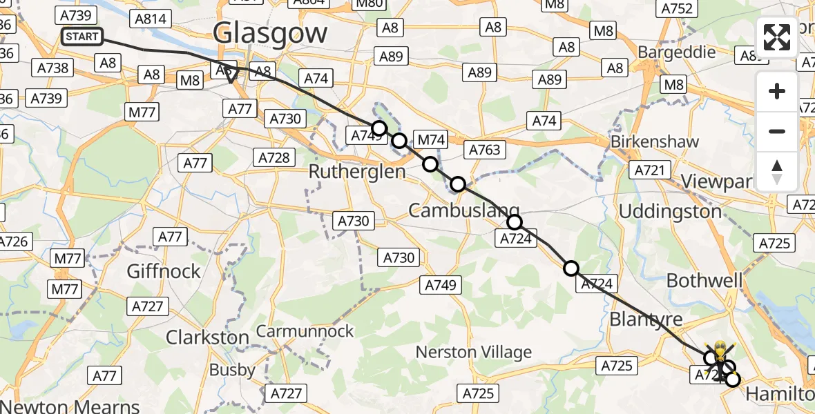 Flight route map: Police Helicopter to Bothwell, Kenmar Road