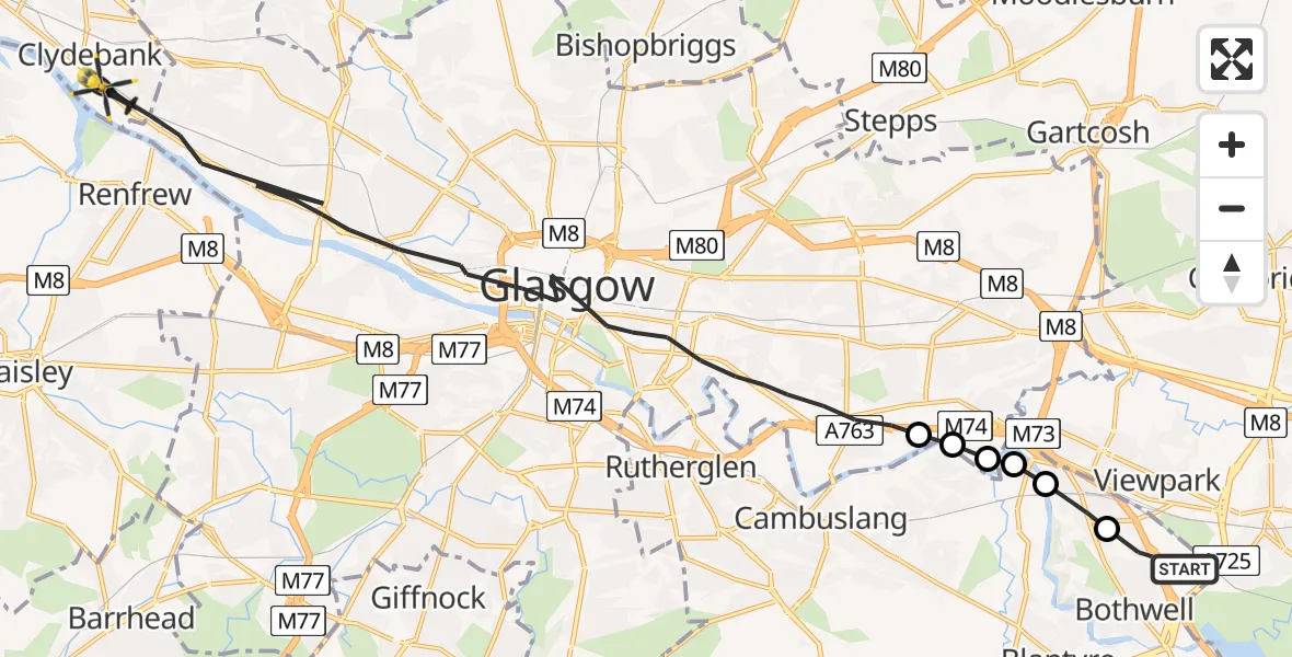 Flight path map showing Police Helicopter route from Bothwell to Clydebank