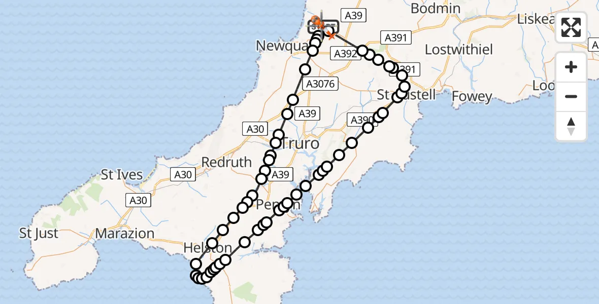 Routekaart van de vlucht: Coastguard Helicopter to Cornwall Airport Newquay, Cornwall Airport Newquay