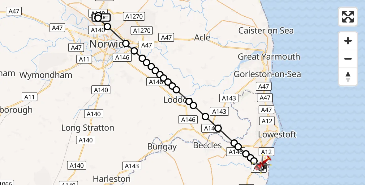 Flight route map: Air Ambulance Helicopter to Kessingland, A12