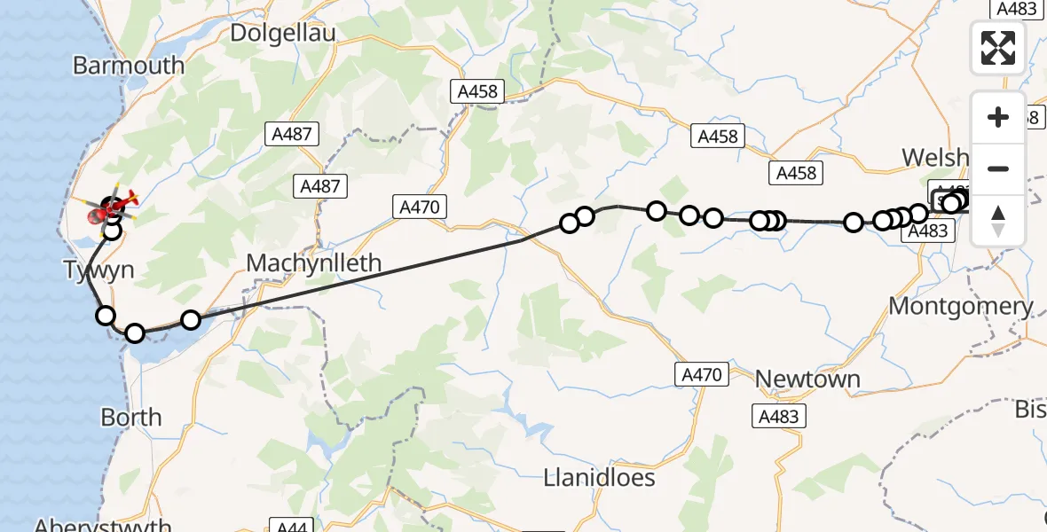 Flight route map: Air Ambulance Helicopter to Llanegryn, Llanegryn