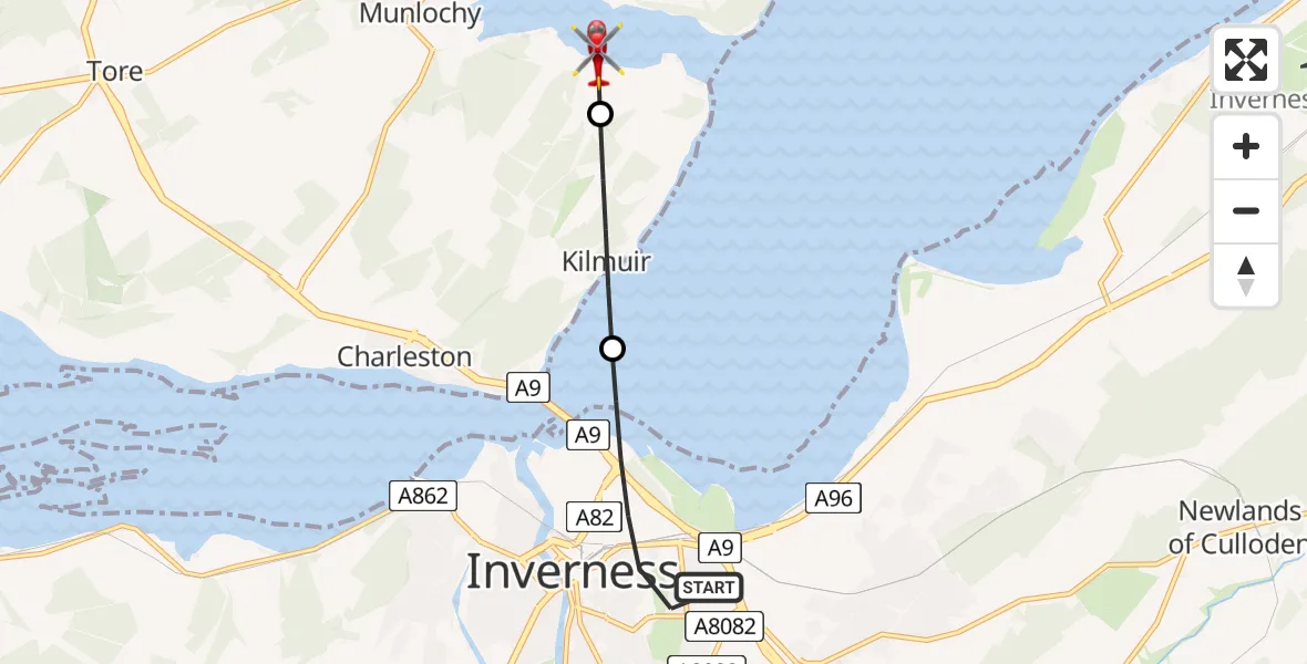 Flight route map: Air Ambulance Helicopter to Inverness, Inverness