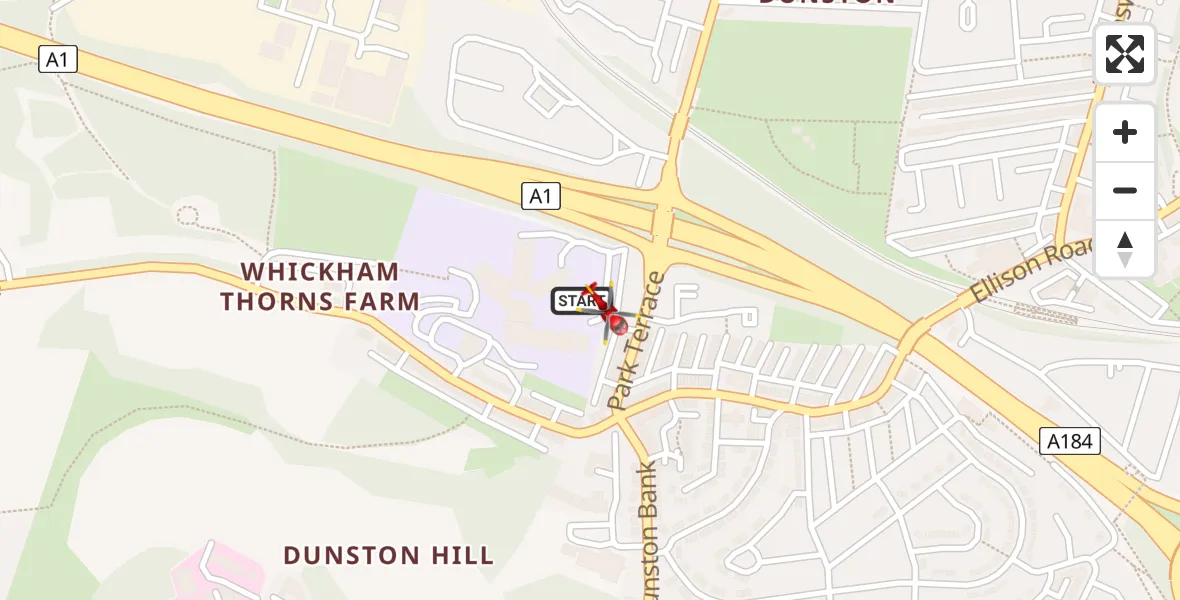 Routekaart van de vlucht: Air Ambulance Helicopter to Whickham, Market Lane