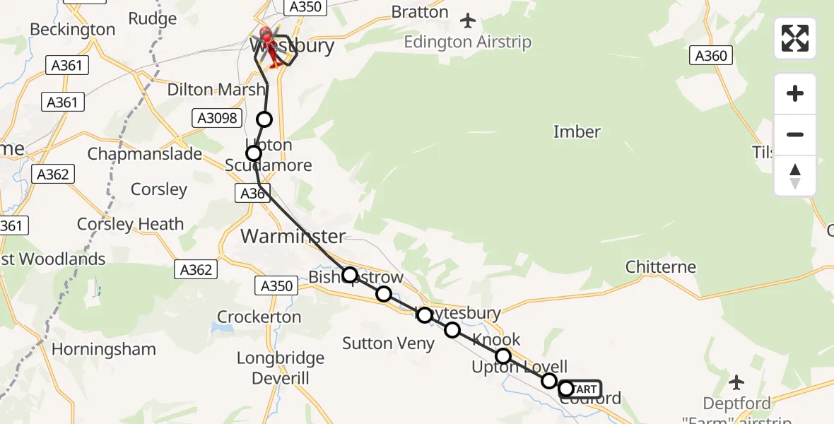 Flight route map: Air Ambulance Helicopter to Westbury, Queens Road