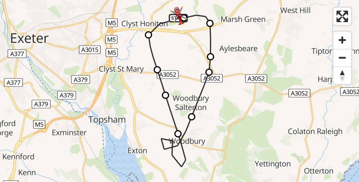 Flight route map: Air Ambulance Helicopter to Exeter International Airport, Exeter International Airport