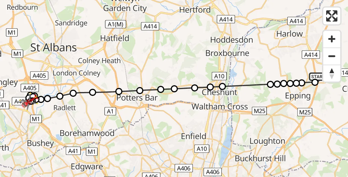 Flight route map: Air Ambulance Helicopter to Watford, Coates Way