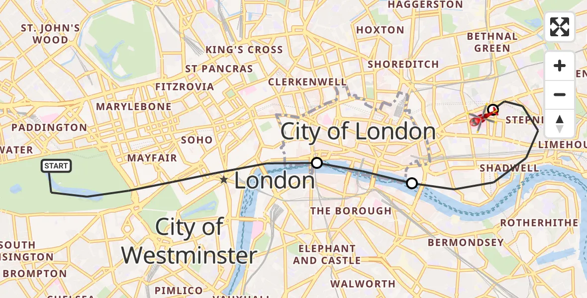 Flight route map: Air Ambulance Helicopter to Royal London Hospital, Royal London Hospital