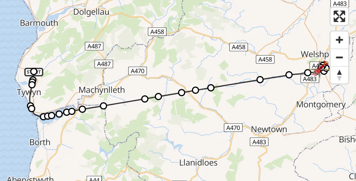 Routekaart van de vlucht: Air Ambulance Helicopter to Welshpool Airport, Welshpool Airport