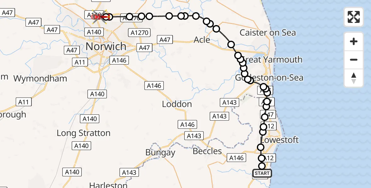 Routekaart van de vlucht: Air Ambulance Helicopter to Norwich Airport, Norwich Airport