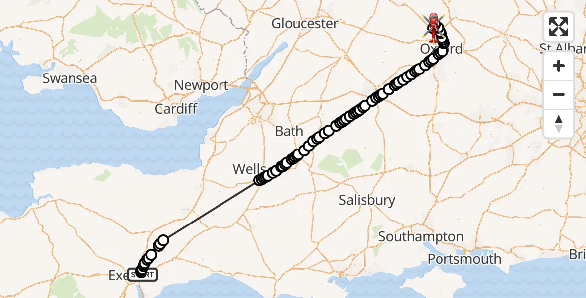 Flight route map: Air Ambulance Helicopter to London Oxford Airport, London Oxford Airport
