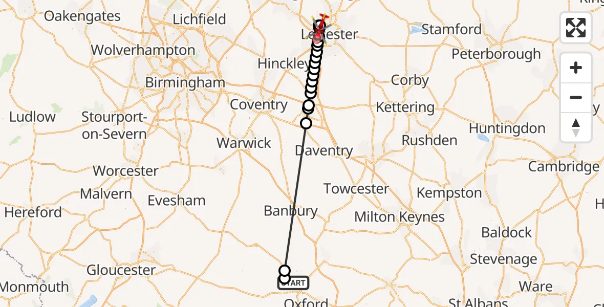Flight route map: Air Ambulance Helicopter to Leicester, Groby Road