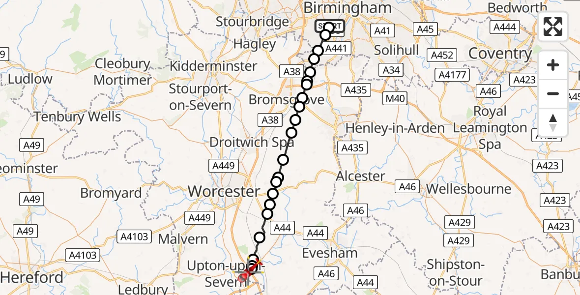 Flight route map: Air Ambulance Helicopter to Kinnersley, M5
