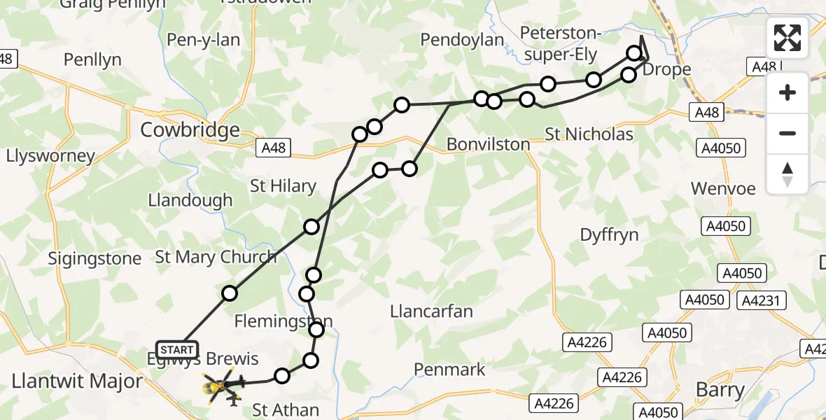 Flight path map showing Police Helicopter route from Eglwys Brewis to MOD St Athan