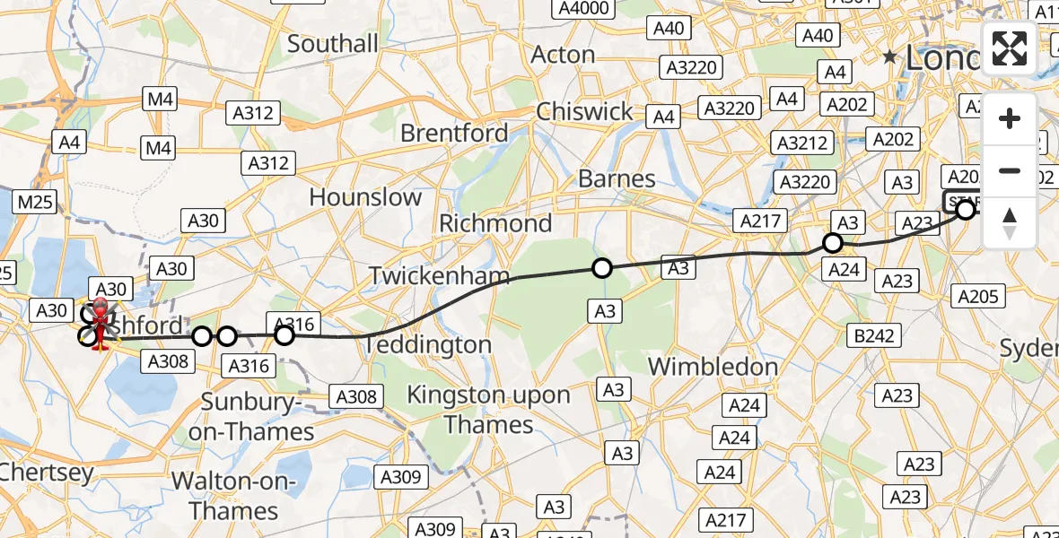 Flight route map: Air Ambulance Helicopter to Ashford, Woodthorpe Road