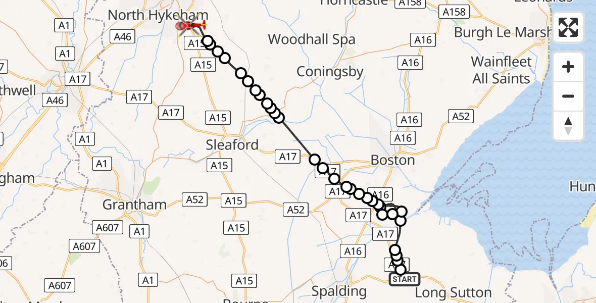 Routekaart van de vlucht: Air Ambulance Helicopter to North Kesteven, Sleaford Road