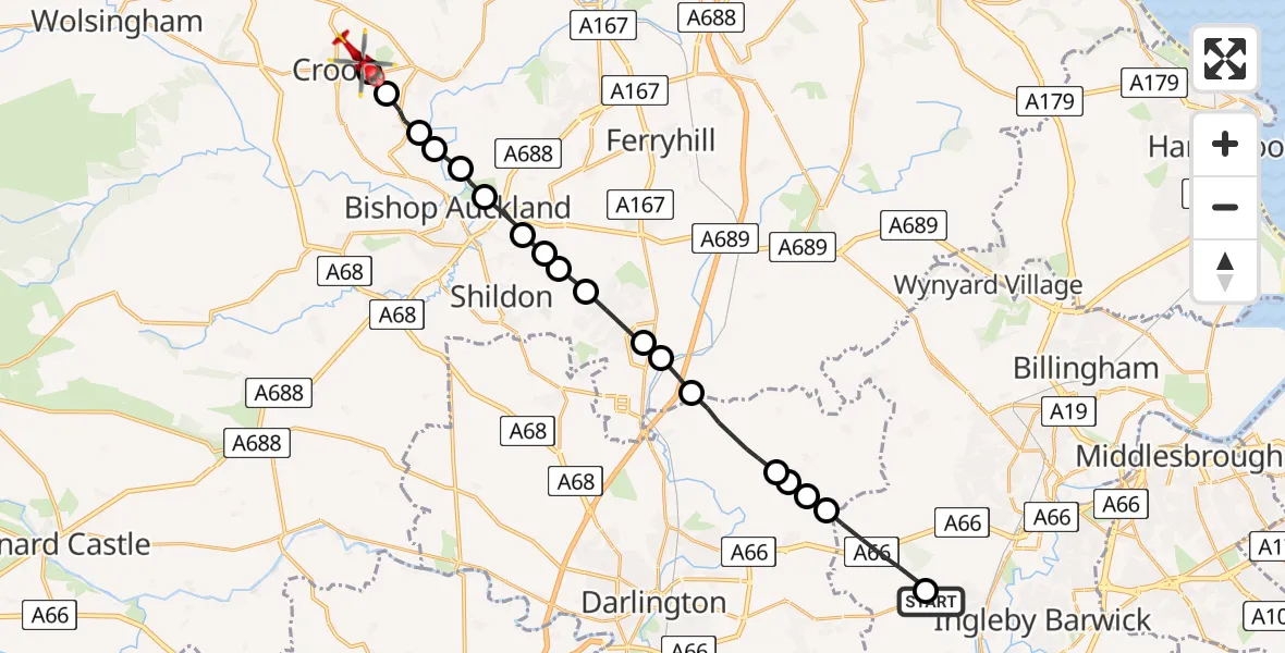 Flight route map: Air Ambulance Helicopter to Crook, Low Jobs Hill