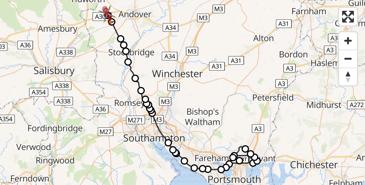 Flight route map: Air Ambulance Helicopter to Thruxton, A303