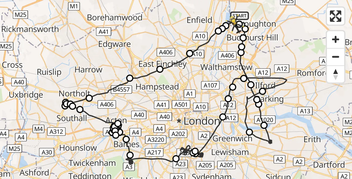 Flight route map: Police Helicopter to Sewardstonebury, Go Karts