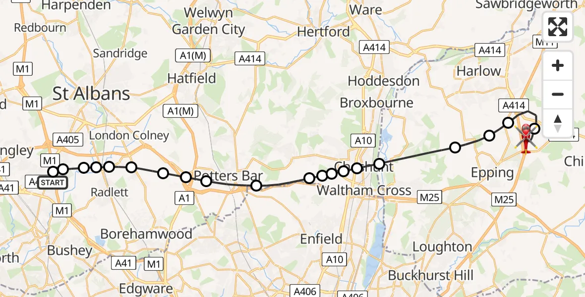 Routekaart van de vlucht: Air Ambulance Helicopter to North Weald Airfield, North Weald Airfield