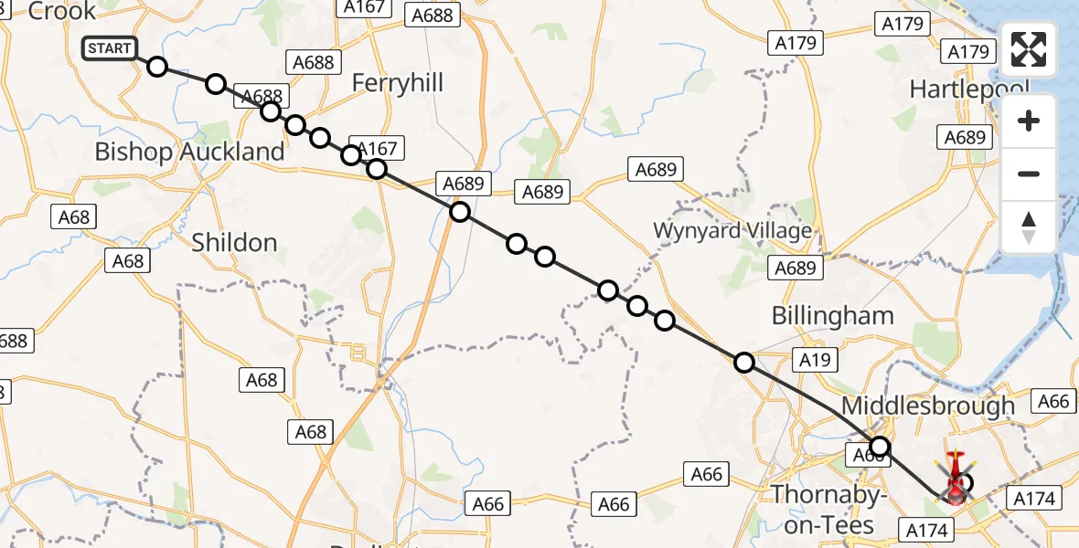 Flight route map: Air Ambulance Helicopter to James Cook University Hospital, James Cook University Hospital