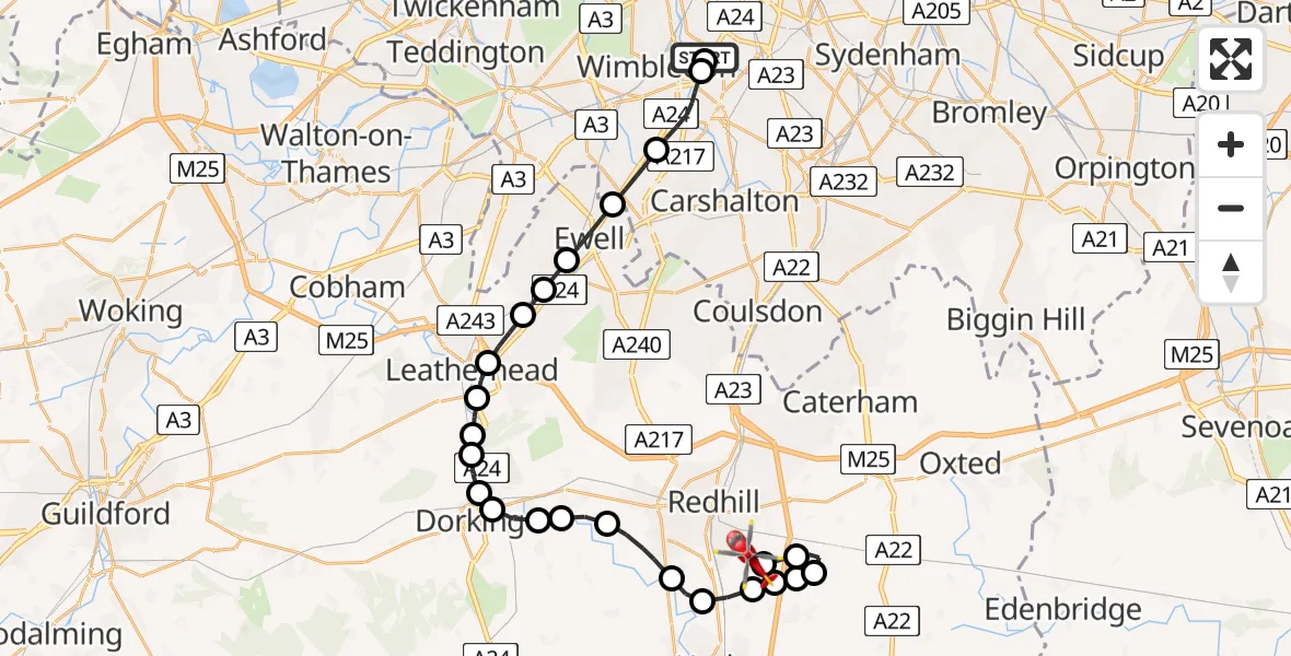 Flight route map: Air Ambulance Helicopter to Redhill Aerodrome, Redhill Aerodrome