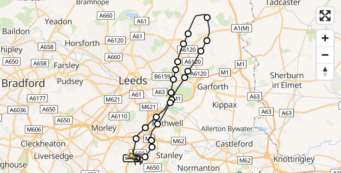 Flight path map showing Police Helicopter route from East Ardsley to East Ardsley