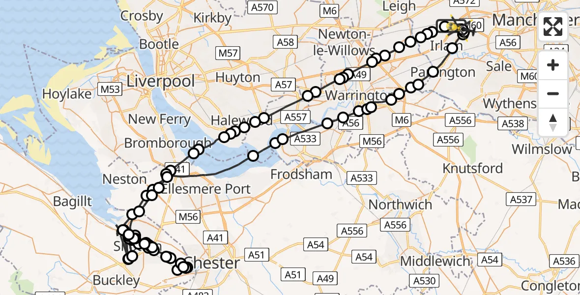 Flight route map: Police Helicopter to Manchester Barton Aerodrome, Manchester Barton Aerodrome