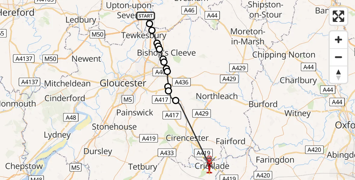 Routekaart van de vlucht: Air Ambulance Helicopter to Cricklade, Stones Lane